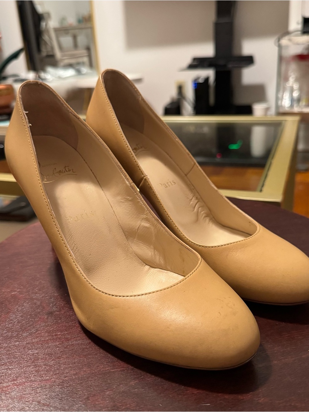 Christian Louboutin Nude Tan Round-Toe Leather Pumps